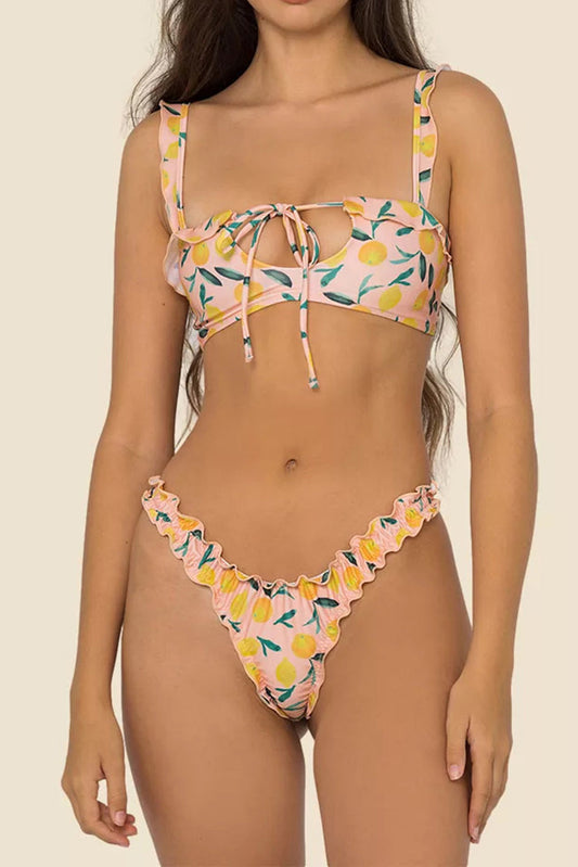 Free Shipping For Orange Digital Printing Lace Push Up Hollow Bikini Set