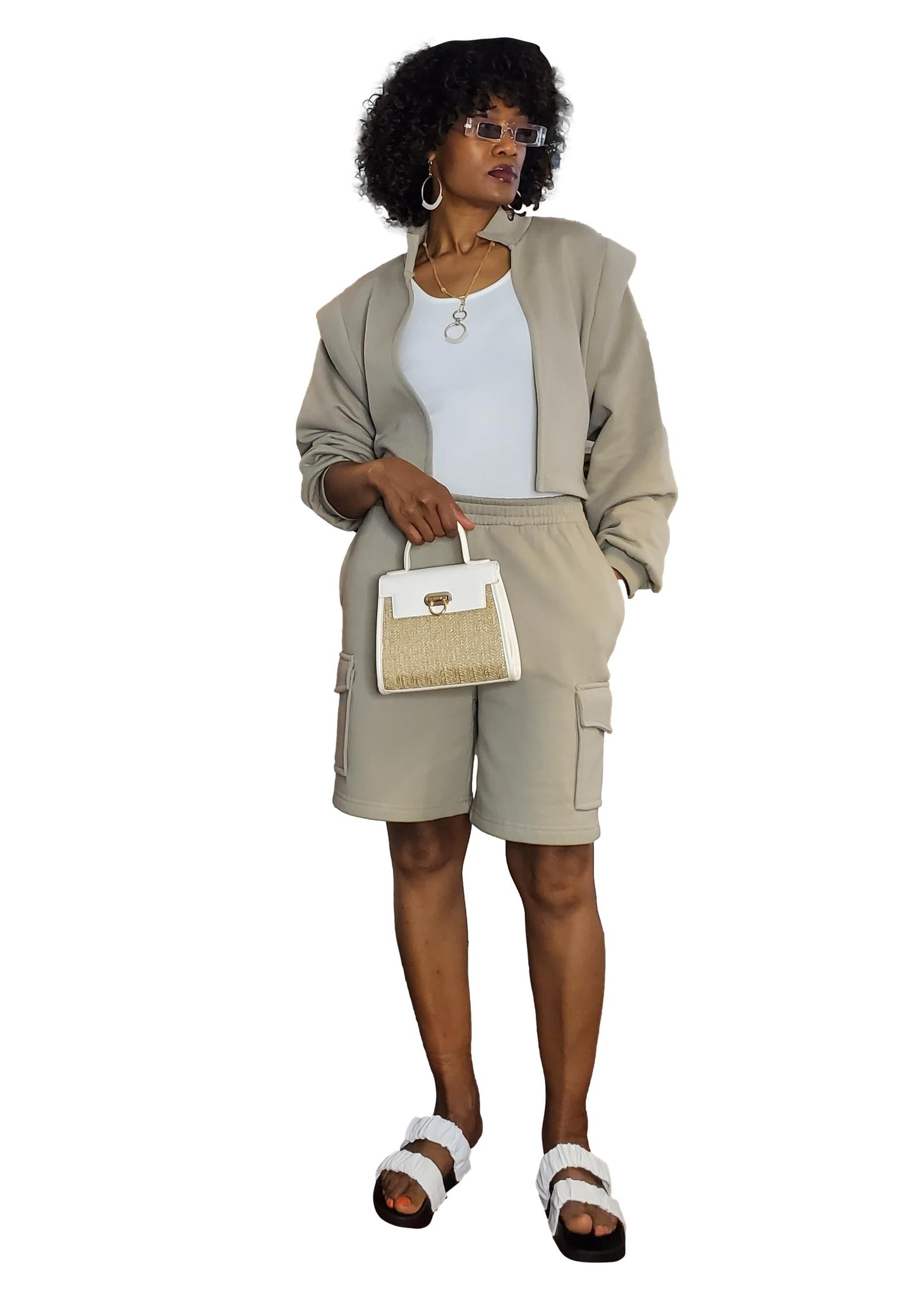 Free Shipping For Women's Taupe Gray Organic Cotton Cargo Shorts