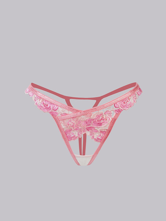 Free Shipping For Pink 2 Layers Flowers Border Embroidery Thong