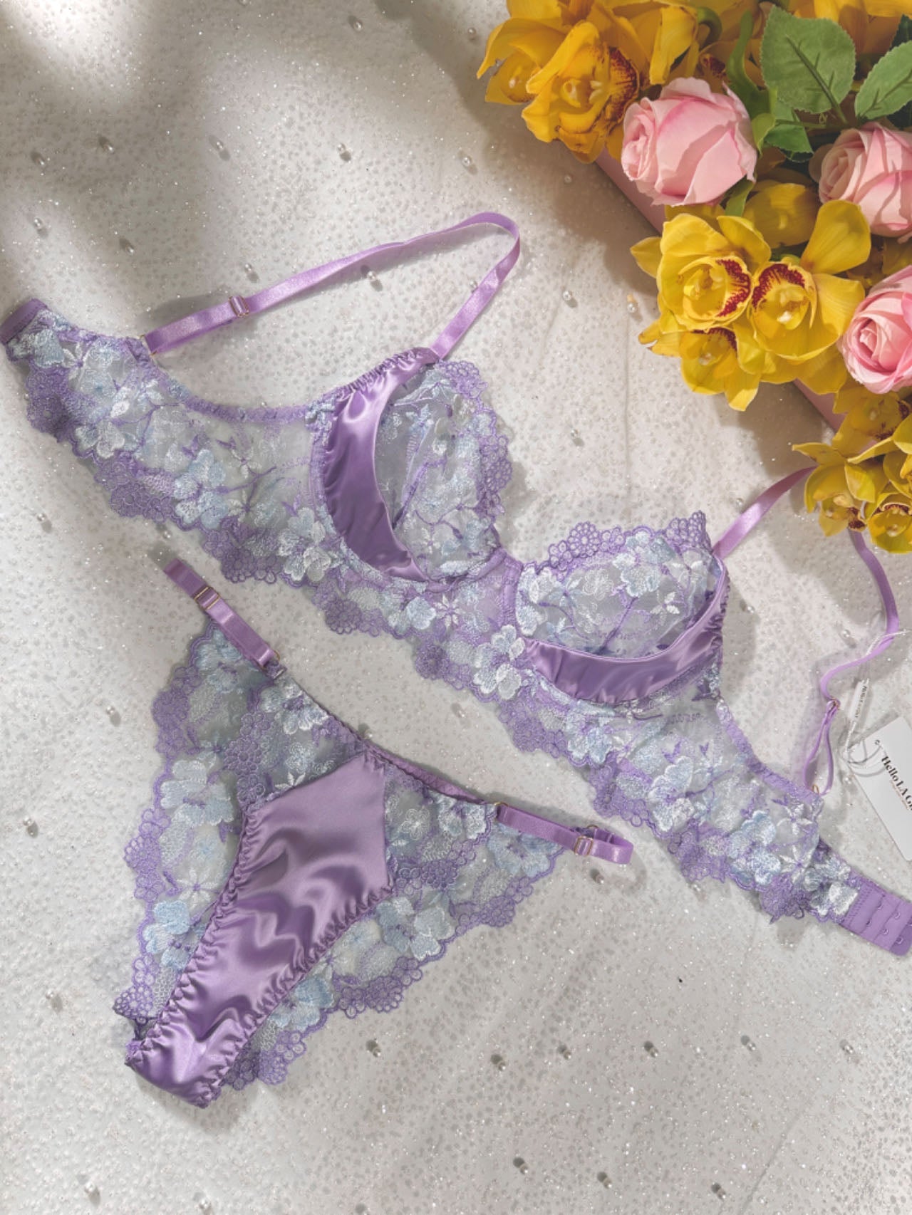 Free Shipping For Lavender Floral Embroidered Satin Push-up Lingerie Set