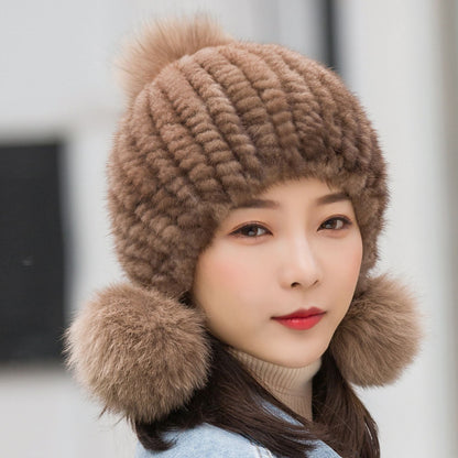 Winter Women's Mink Fur Ear Flap Hat with Fox Pom Pom