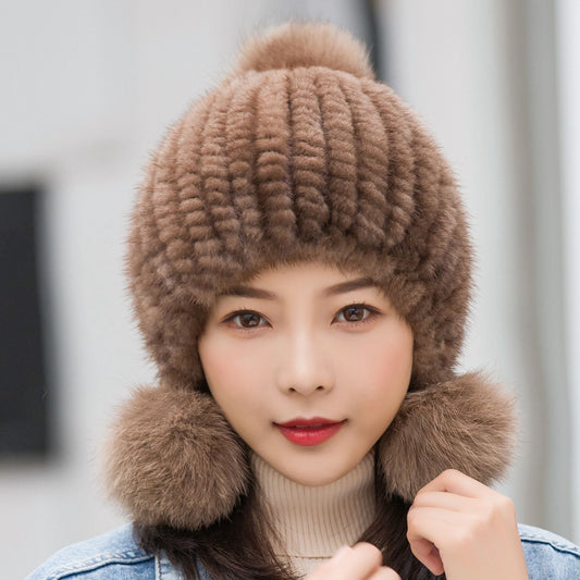 Winter Women's Mink Fur Ear Flap Hat with Fox Pom Pom