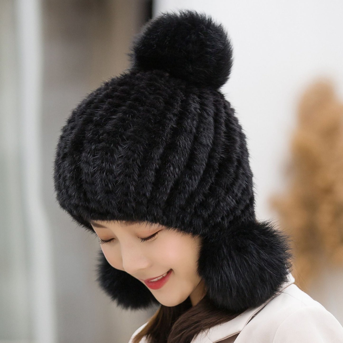 Winter Women's Mink Fur Ear Flap Hat with Fox Pom Pom