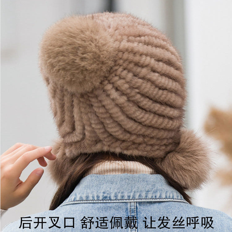 Winter Women's Mink Fur Ear Flap Hat with Fox Pom Pom