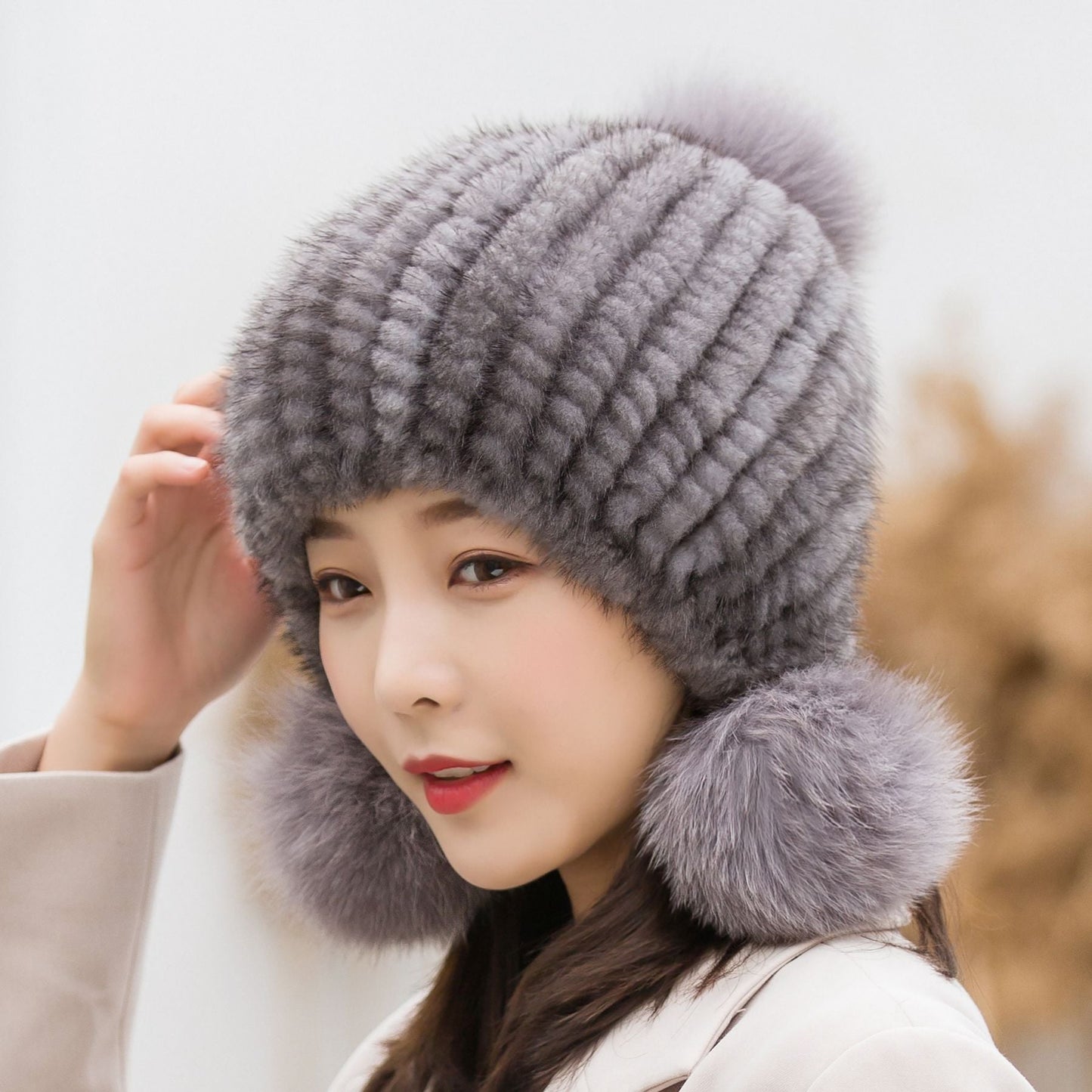 Winter Women's Mink Fur Ear Flap Hat with Fox Pom Pom