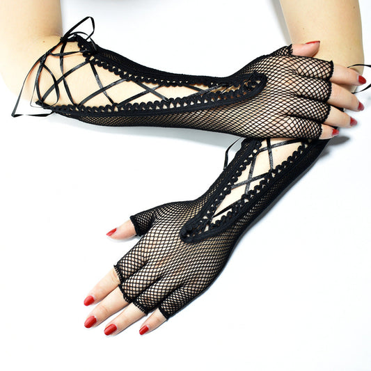 Black Long Fishnet Strap Gloves