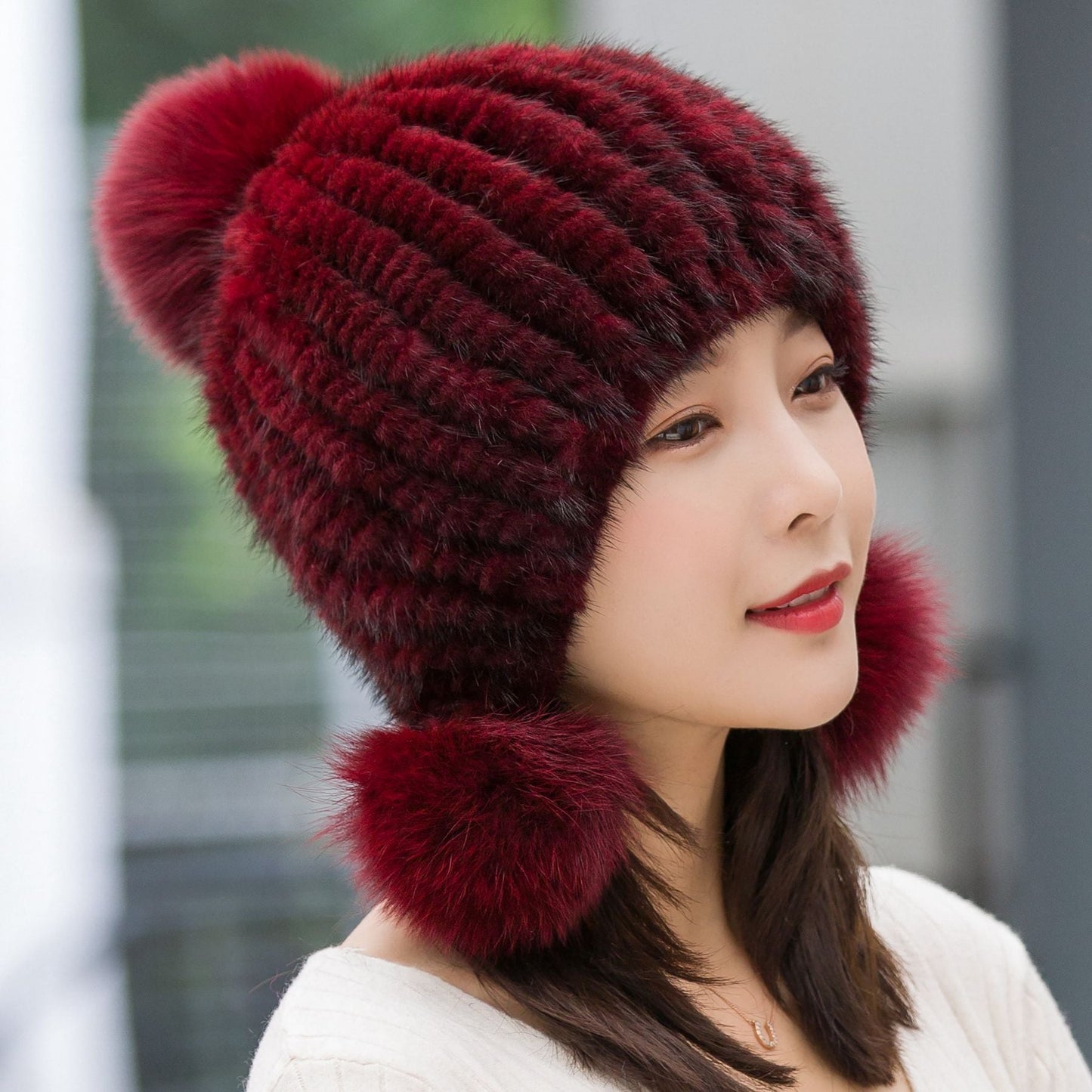 Winter Women's Mink Fur Ear Flap Hat with Fox Pom Pom