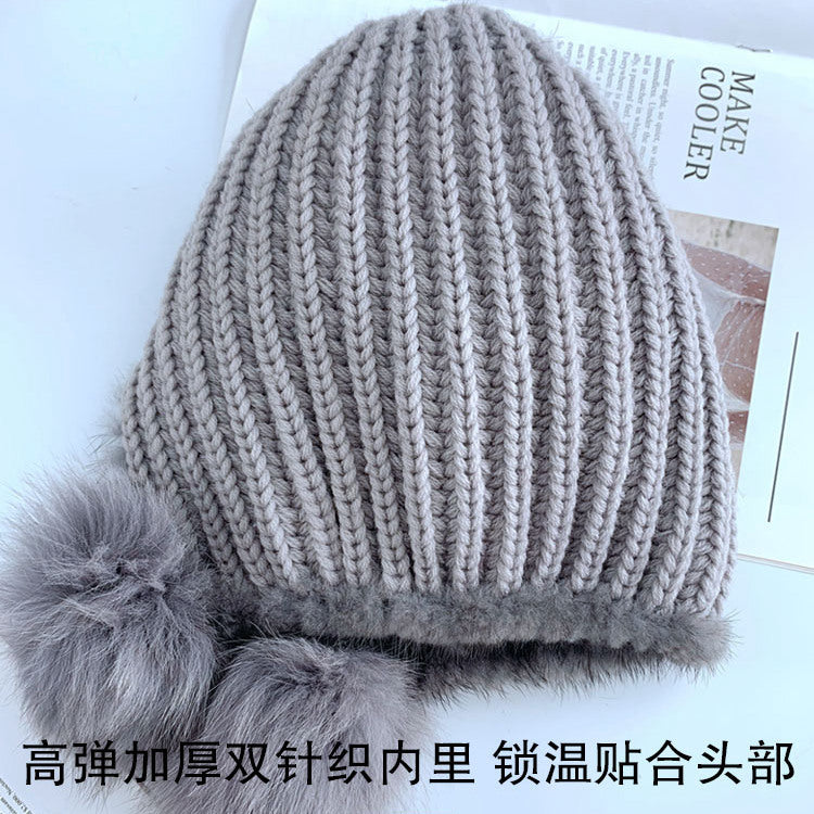 Winter Women's Mink Fur Ear Flap Hat with Fox Pom Pom