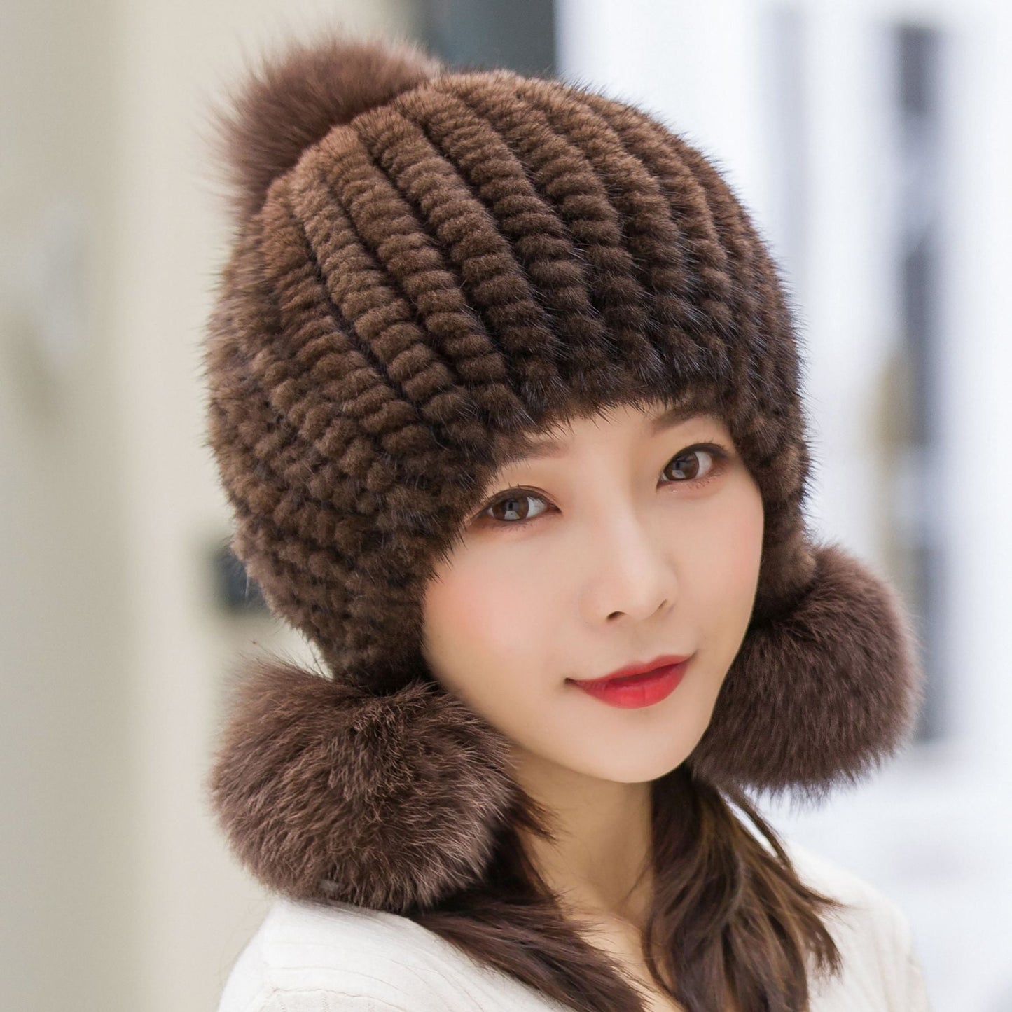 Winter Women's Mink Fur Ear Flap Hat with Fox Pom Pom