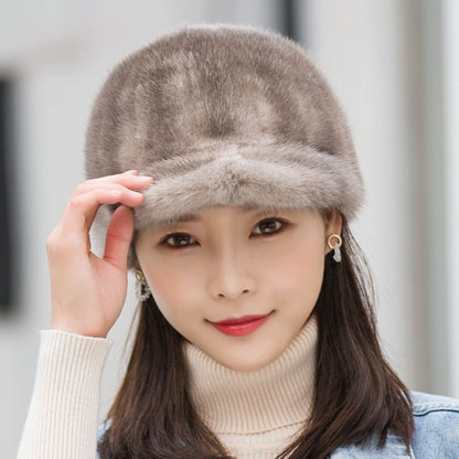 Warm Mink Fur Hat - Fox Pom Pom Baseball Cap