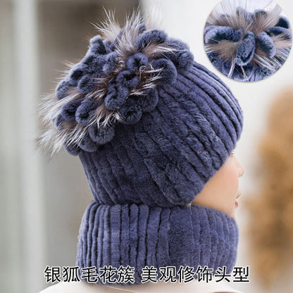 Winter Real Rabbit Fur Hat & Neck Warmer Set