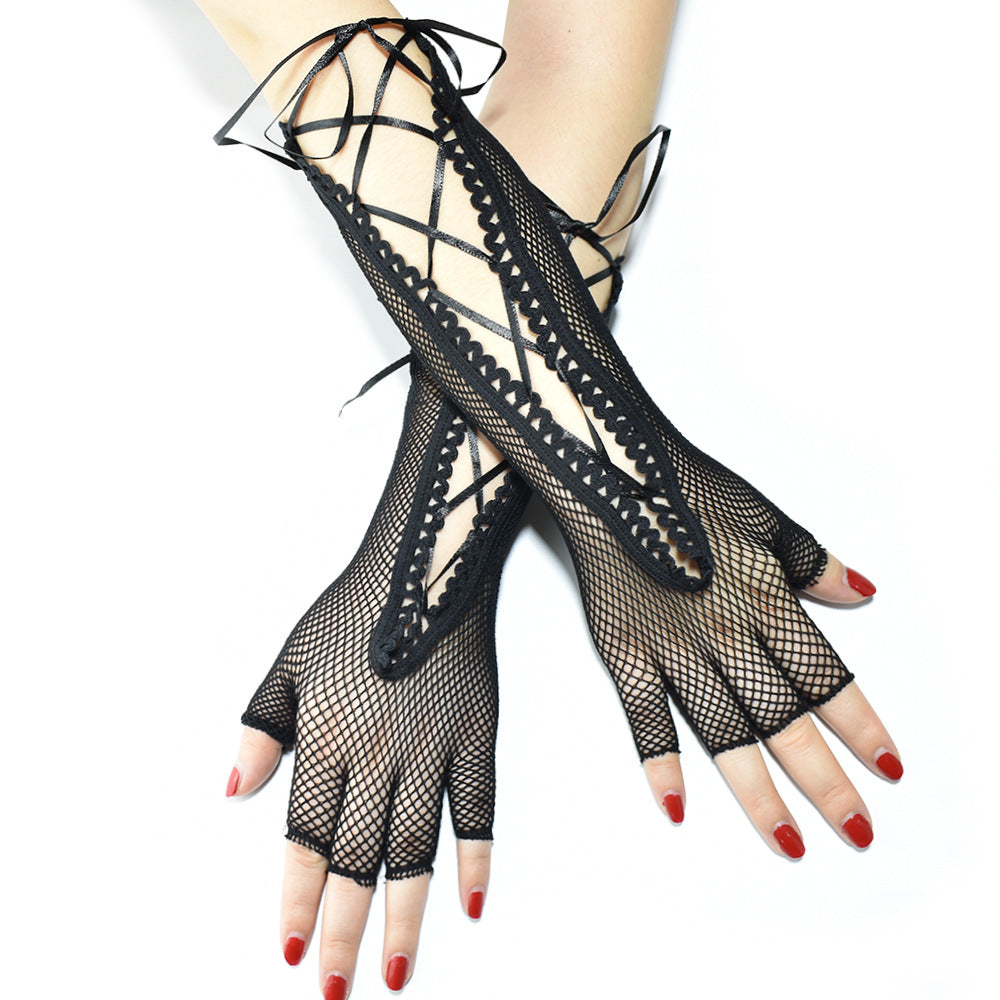 Black Long Fishnet Strap Gloves