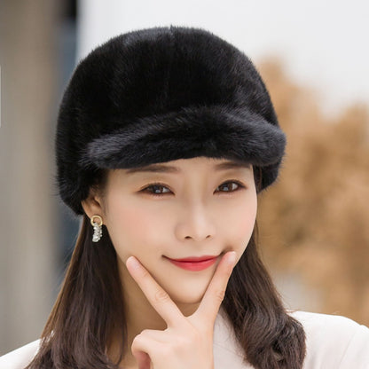 Warm Mink Fur Hat - Fox Pom Pom Baseball Cap