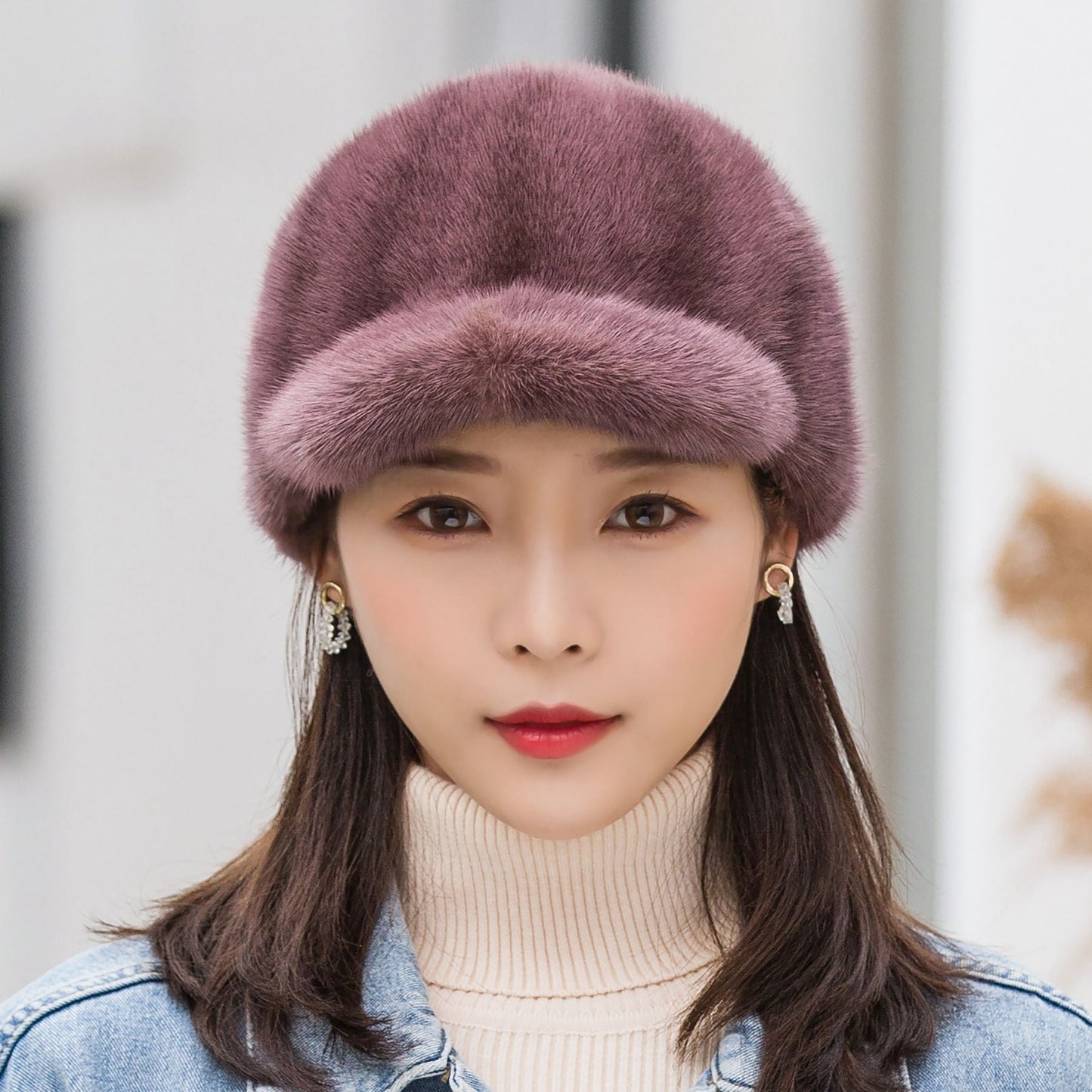 Warm Mink Fur Hat - Fox Pom Pom Baseball Cap