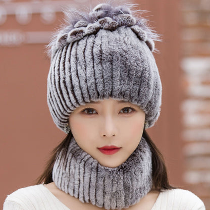 Winter Real Rabbit Fur Hat & Neck Warmer Set