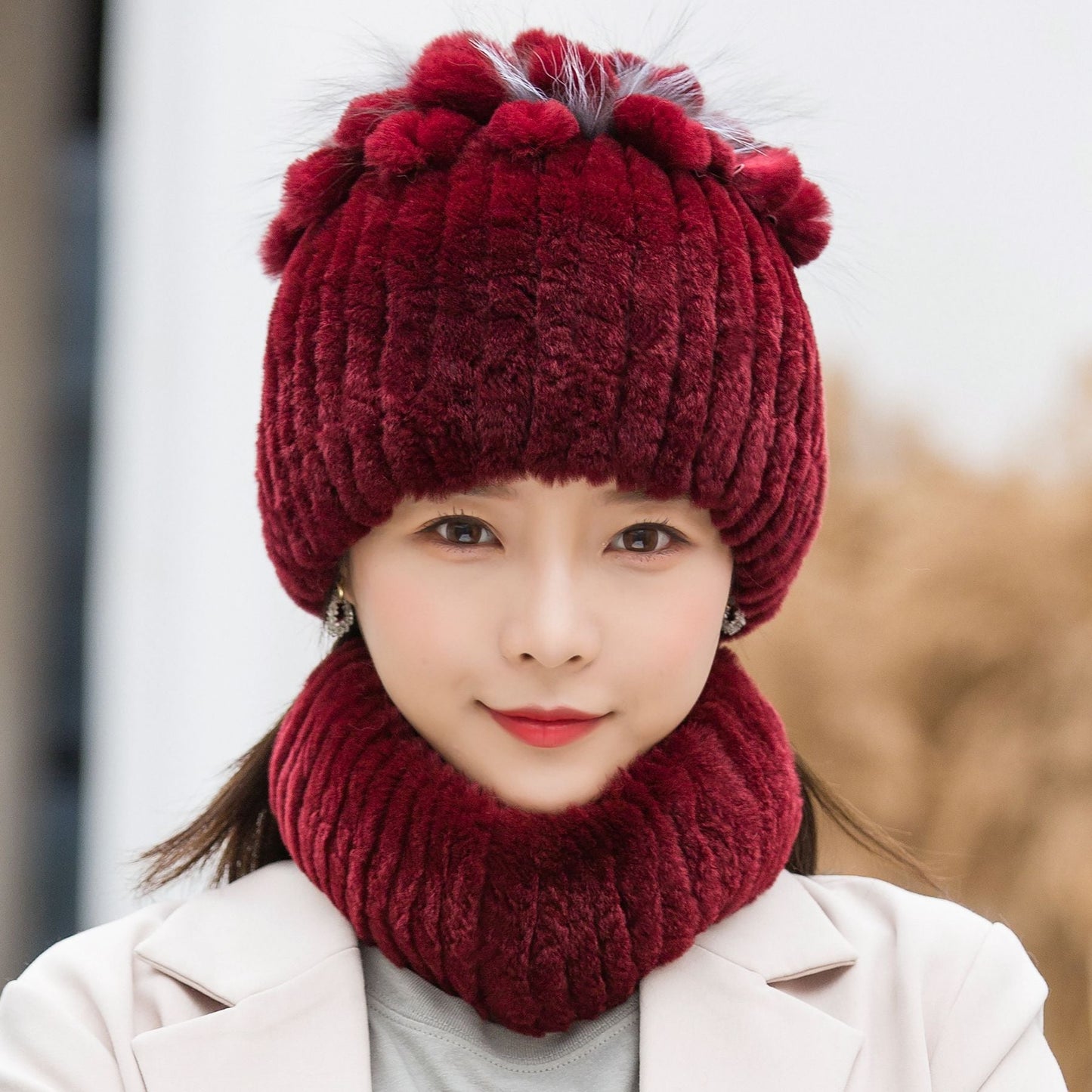 Winter Real Rabbit Fur Hat & Neck Warmer Set