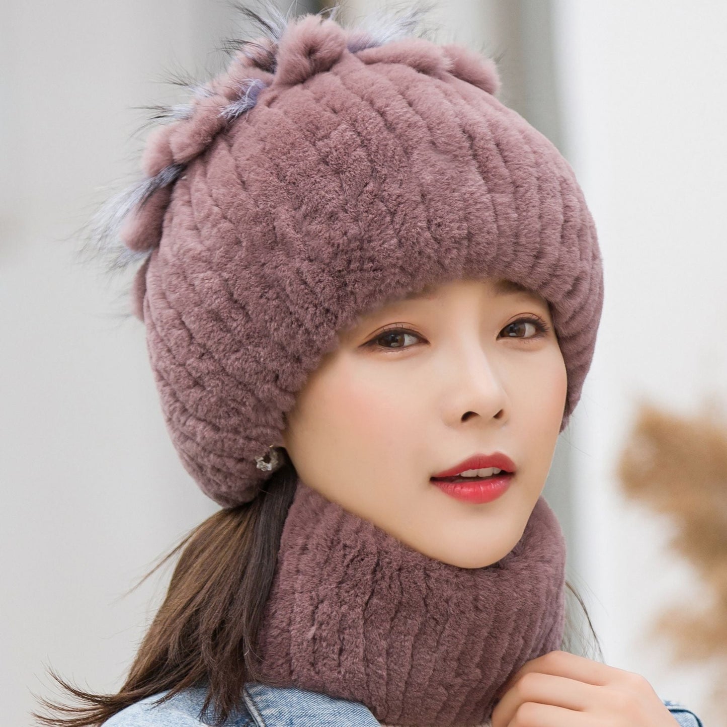 Winter Real Rabbit Fur Hat & Neck Warmer Set