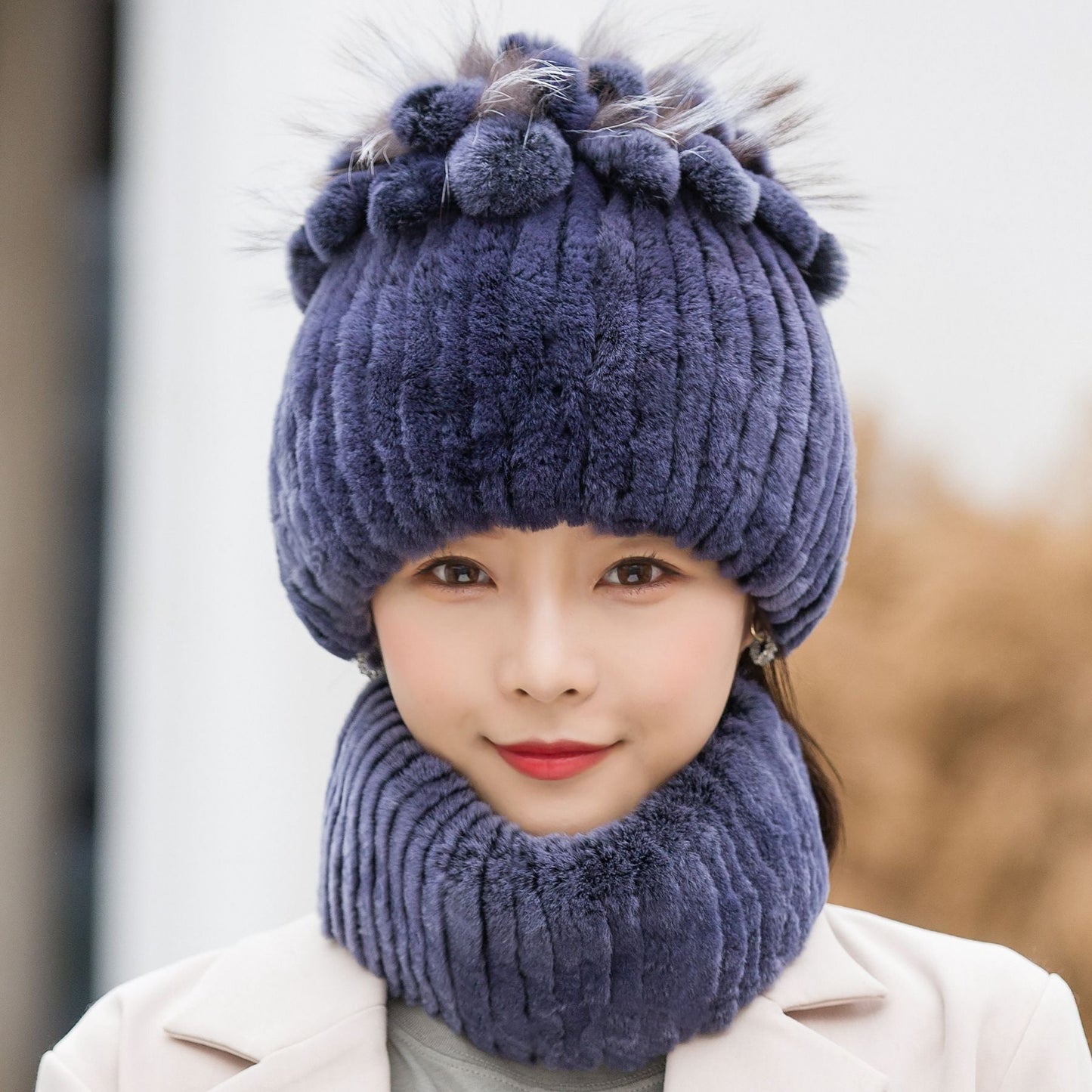 Winter Real Rabbit Fur Hat & Neck Warmer Set