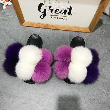 Color Matching Large Fur Real Natural Fox Fur Slides Colorful Fluffy Fur Slides Sandals Slippers Fashion Women Shoes