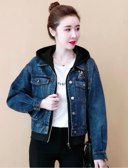 Fashion Hooded Loose Denim Coat Fake Two-Piece Set