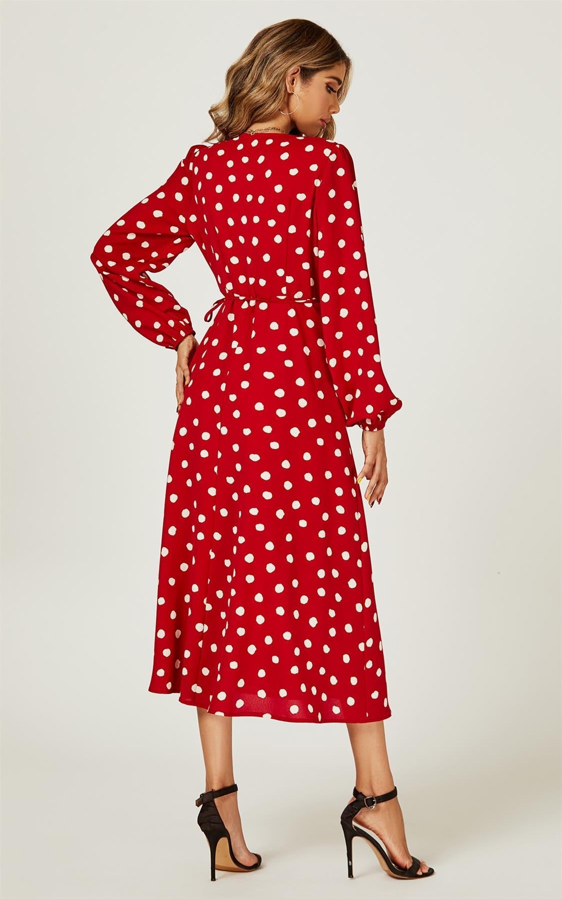 Polka Dot Wrap Midi Dress In Red