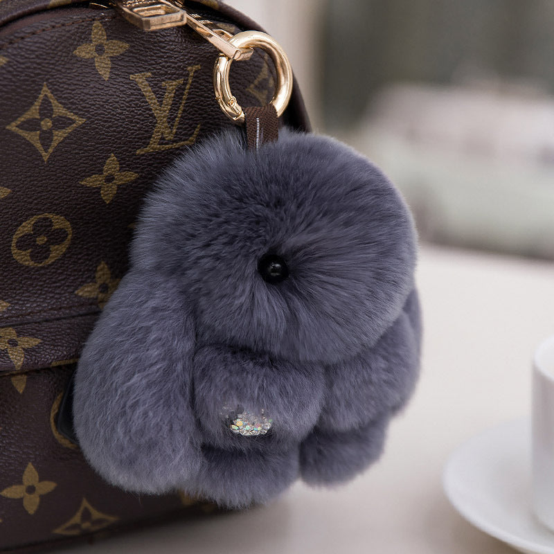 Cute Diamond-Encrusted Real Rabbit Fur Bunny Charm