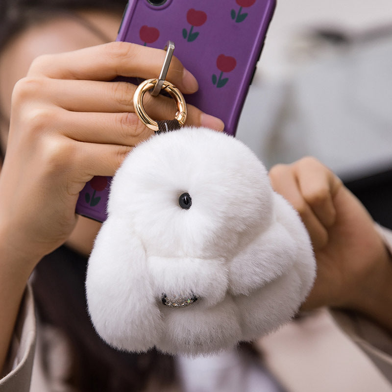 Cute Diamond-Encrusted Real Rabbit Fur Bunny Charm