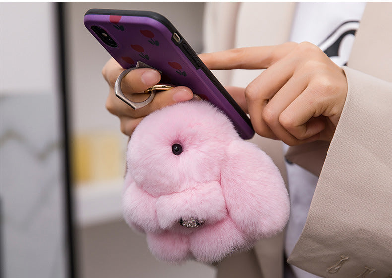 Cute Diamond-Encrusted Real Rabbit Fur Bunny Charm