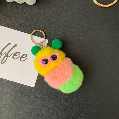 Cute Real Rabbit Fur Caterpillar Bag Charm - Keychain Accessory