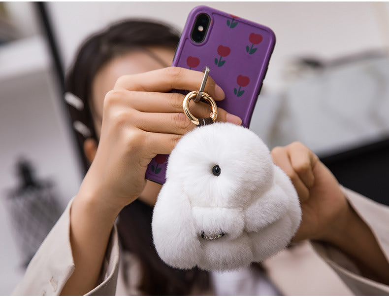 Cute Diamond-Encrusted Real Rabbit Fur Bunny Charm