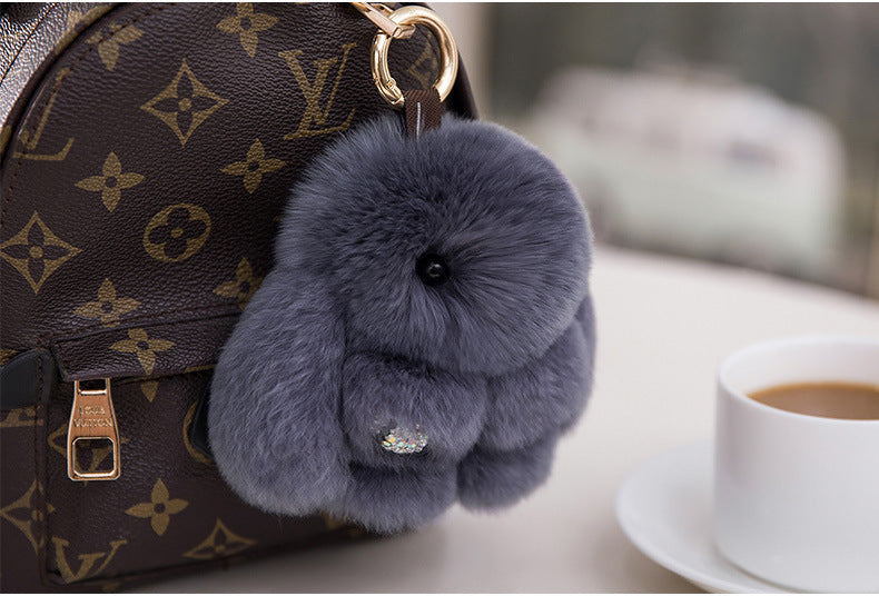 Cute Diamond-Encrusted Real Rabbit Fur Bunny Charm