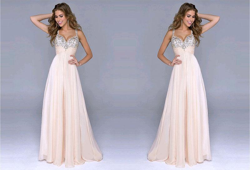 Clearance Pleated Straps Sequined Ruched Long Prom Dress