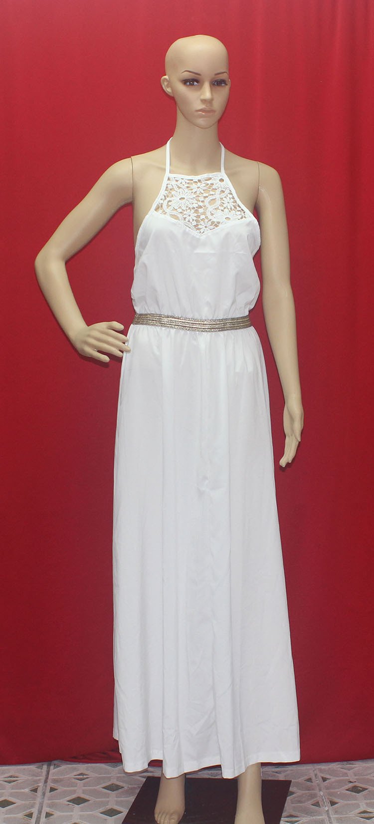 Summer Style White Lace Bear Shoulder Halter Maxi Long Dress