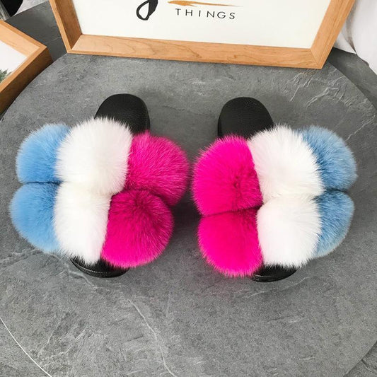 Color Matching Large Fur Real Natural Fox Fur Slides Colorful Fluffy Fur Slides Sandals Slippers Fashion Women Shoes