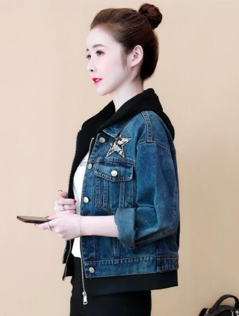 Fashion Hooded Loose Denim Coat Fake Two-Piece Set