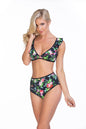 Free Shipping For Black Floral Features Adjustable Ruffle Straps Bikini Set