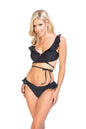 Free Shipping For Solid Black Ruffle Trim Bikini Set