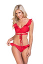 Free Shipping For Solid Red Lace Up Ruffle Trim Bikini Set