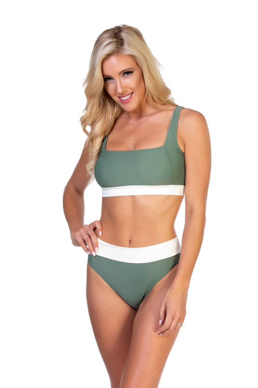 Free Shipping For White/Olive Color Block Bikini Set