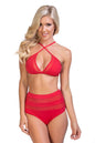 Free Shipping For Red Bikini Set Features Halter Top With Sheer Mesh