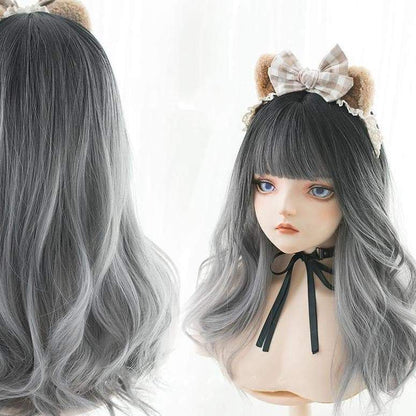 Free Shipping For Hivava Black Gray Gradient Cute Girl  Large Wavy Curl Wig