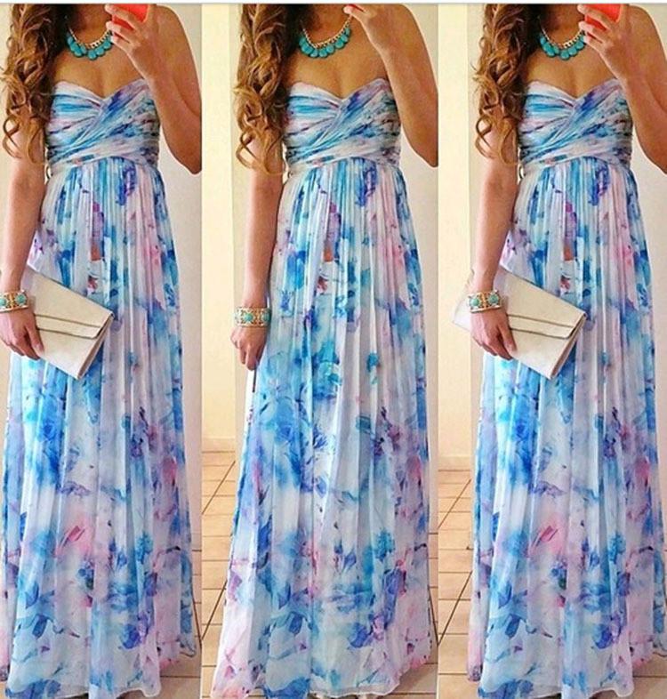 Clearance Off Shoulder Print Backless Sleeveless Long Dress