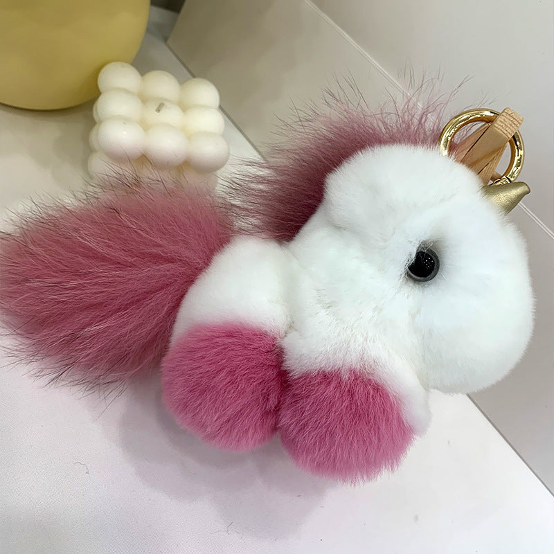 Cute Real Rabbit Fur Unicorn Charm Keychain & Bag Decor