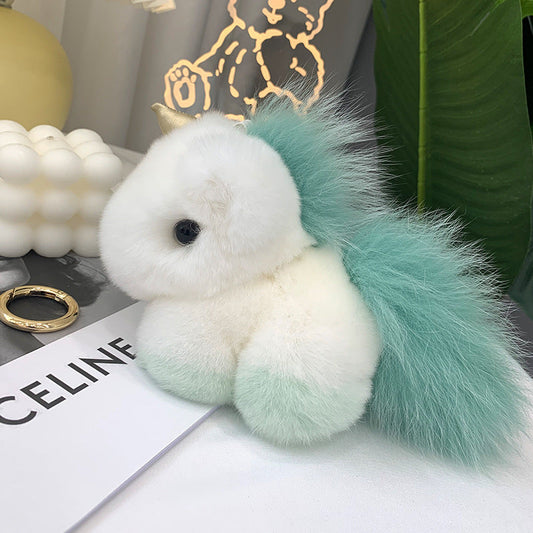 Cute Real Rabbit Fur Unicorn Charm Keychain & Bag Decor