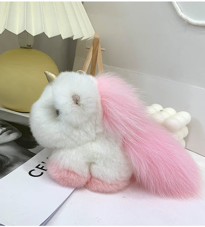 Cute Real Rabbit Fur Unicorn Charm Keychain & Bag Decor