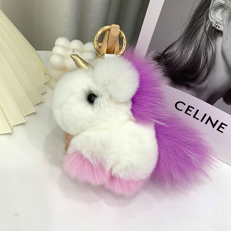 Cute Real Rabbit Fur Unicorn Charm Keychain & Bag Decor