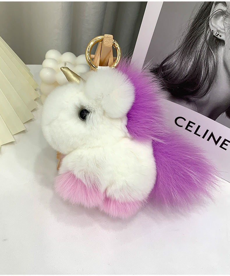 Cute Real Rabbit Fur Unicorn Charm Keychain & Bag Decor