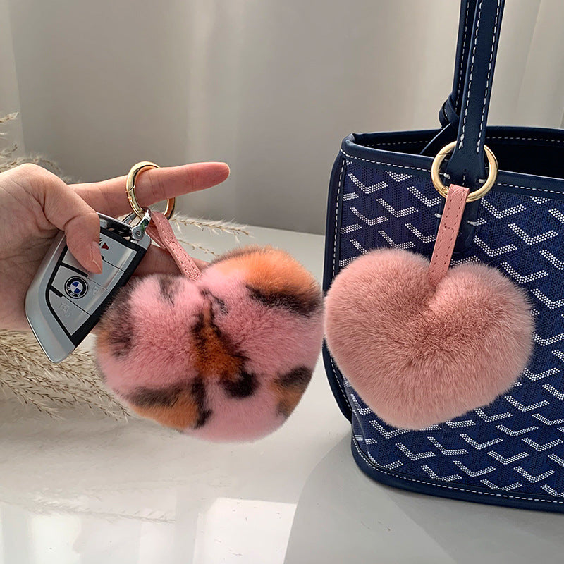 Cute Real Rabbit Fur Heart Keychain - Accessory