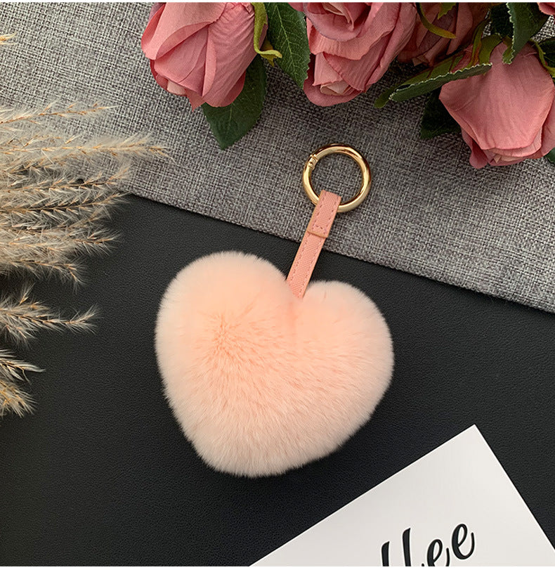 Cute Real Rabbit Fur Heart Keychain - Accessory