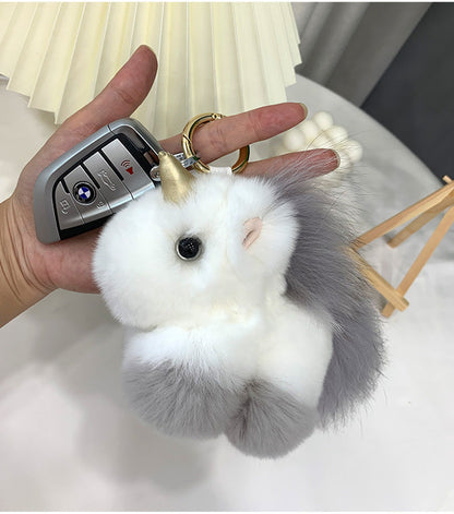 Cute Real Rabbit Fur Unicorn Charm Keychain & Bag Decor